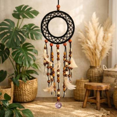 Handgemachter Traumfänger – Indianischer Dreamcatcher mit Suncatcher, Holzperlen & Federn