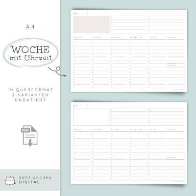 A4 Wochenplaner mit Uhrzeiten | 2 Vorlagen im Bundle | Undatierter Wochenkalender PDF | Terminplanung & Wochenübersicht