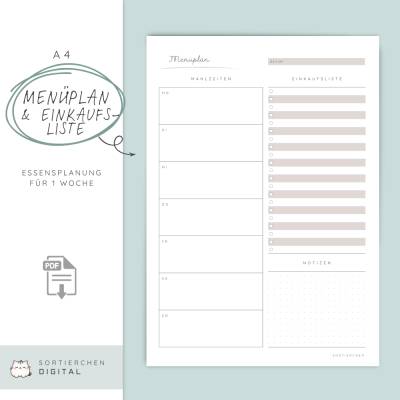 Menüplaner mit Einkaufsliste | A4 PDF Bundle | Wöchentlicher Essensplan zum Ausdrucken | Mahlzeitenplaner Familie | Esse