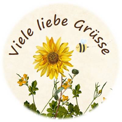 Digitale Sticker Vorlage: Viele liebe Grüsse, 24 runde Etiketten (4cm), Avery L3415 oder Motivstanzer zum Ausdrucken