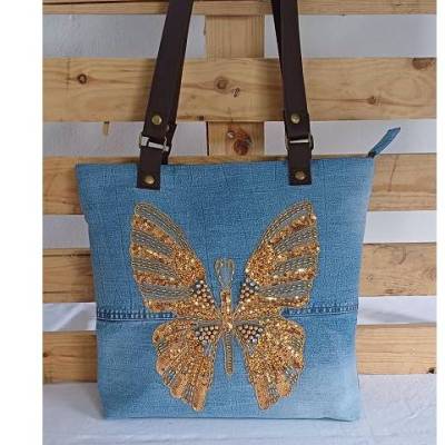 Jeans-Upcycling Shopper mit Schmetterling, Blue-Bag, Jeans-Shopper, Upcycling, Denim-Bag