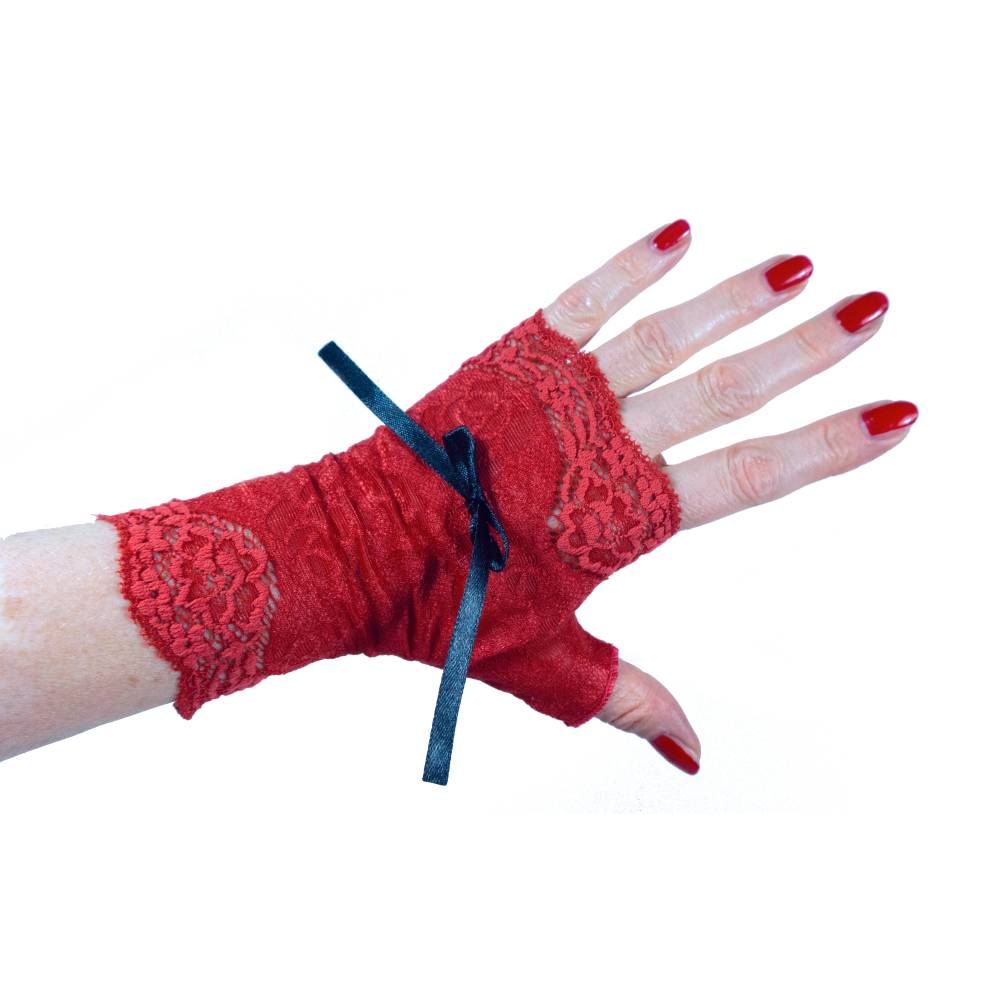 Handschuhe fingerlos blickdicht | pin up, burlesque & Abendmode accessoire  | rote Rosen und Schleife