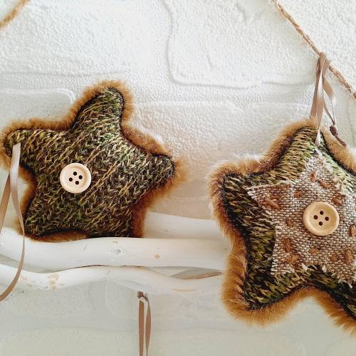 4er Set Strick Stoffsterne mit Fellrand | Herbstdeko Winterdeko