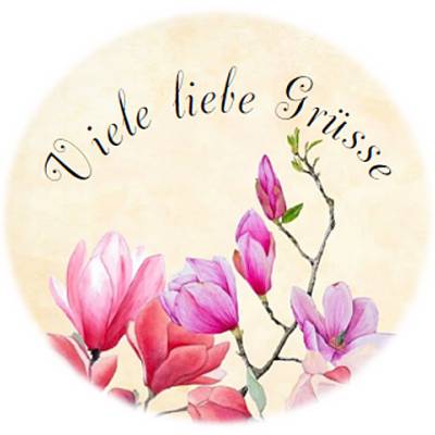 Digitale Sticker Vorlage: Viele liebe Grüsse, 24 runde Etiketten (4cm), Avery 40-RND oder Motivstanzer zum Ausdrucken