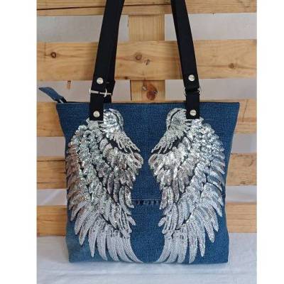 Jeans-Upcycling Shopper mit Engelsflügeln, Blue-Bag, Jeans-Shopper, Upcycling, Denim-Bag