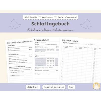 Schlaftagebuch & Schlaf-Tracker als PDF: Druckbares Tagesprotokoll & Monatsübersicht zur Schlafanalyse (A4, 7 Seiten)