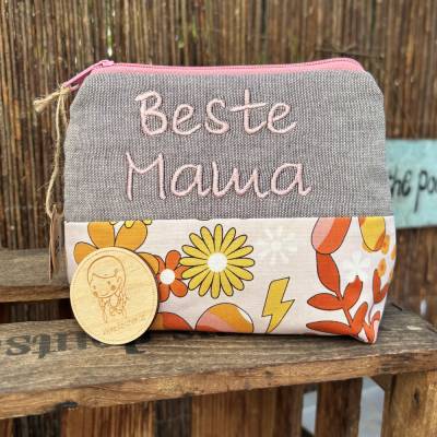Schminktasche Beste Mama – Handgenähte Kosmetiktasche, Geschenk für Mama, bestickt, 18x15x6 cm