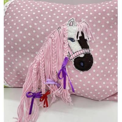 Kissen für kleine Mädchen – Pferdefreundin mit 3D Pferdekopf Applikation 30x22 cm Geschenkidee