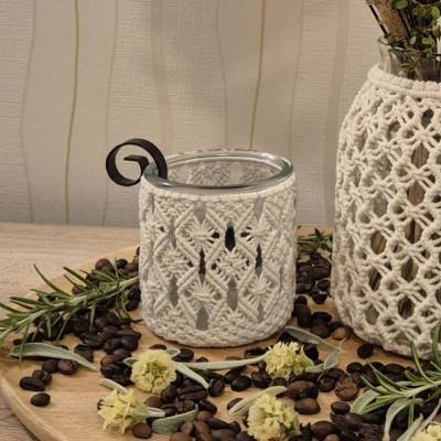 Makramee Teelicht Windlicht mit Metallhalter • Boho Kerzenhalter Handgefertigt • Hellbeige • Wohndeko Geschenk • 8cm