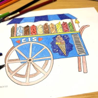 Eiswagen - Ausmalbild für Kinder & Erwachsene im DIN A4 Querformat