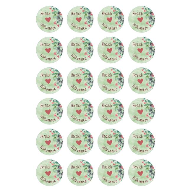 Digitale Sticker Vorlage: Herzlich Willkommen, 24 runde Etiketten (4cm