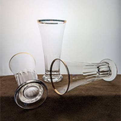 Antike Biergläser 3er Set in Tulpenform mit elegantem Facettenschliff & Goldrand ca. 1900-1920 handgravierter Eichstrich