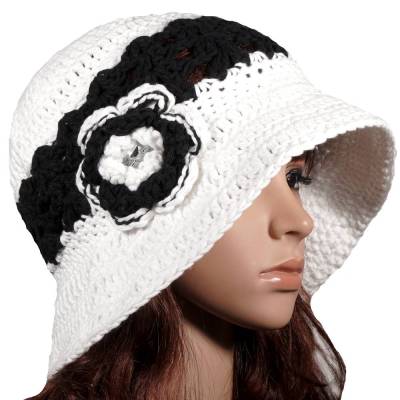 Damenhut White Dream gehäkelt mit Rose – Handarbeit Baumwolle Gr. L 58 cm KU