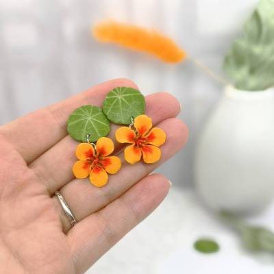 Kapuzinerkresse Ohrstecker Polymer Clay Sterlingsilber orange Blumen Ohrringe Sommerschmuck