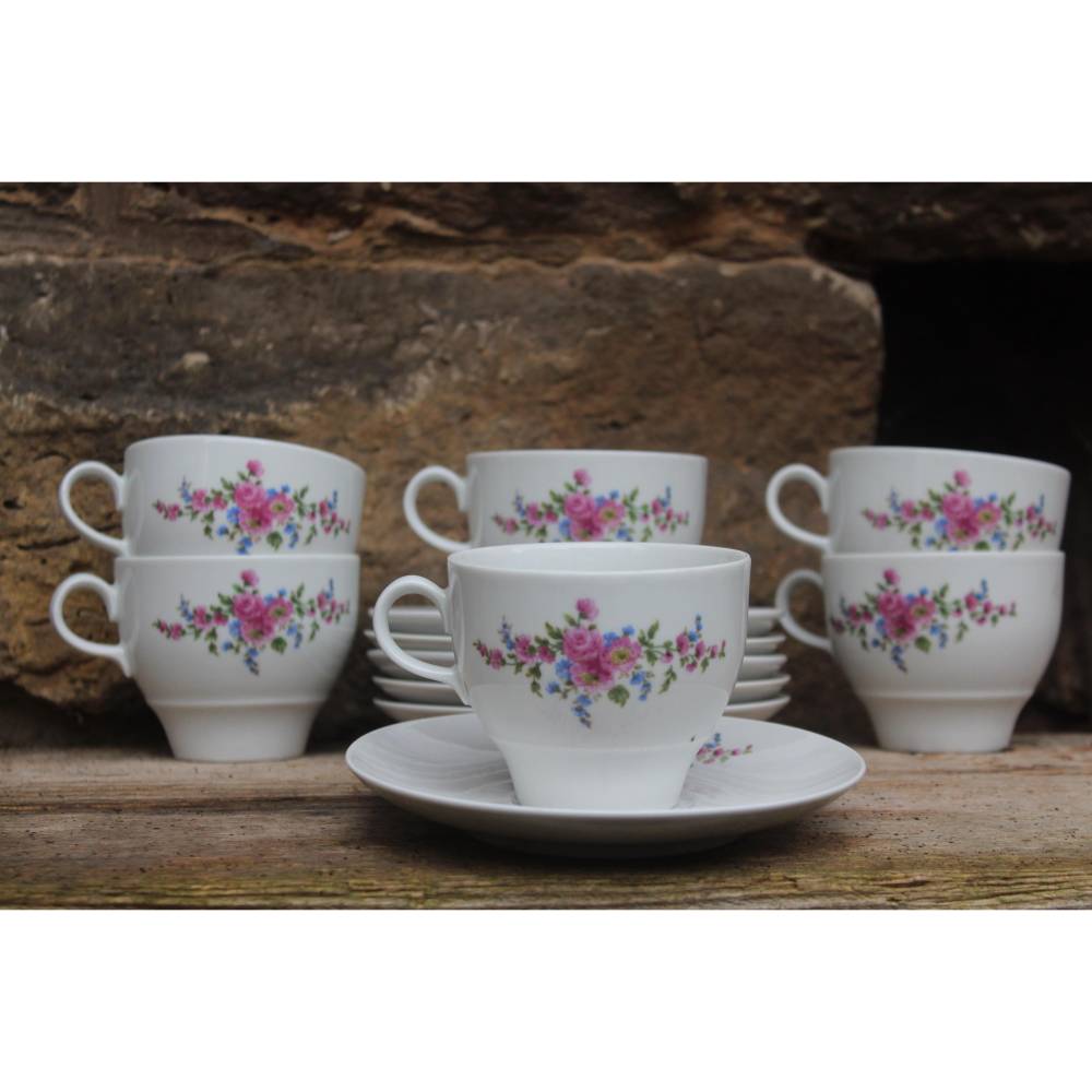 6er Set Kaffeetassen mit Untertassen Rosen Vergissmeinnicht Dekor Henneberg Porzellan 70er 80er Jahre DDR