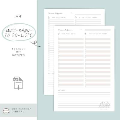 Muss Kann To Do Liste PDF | Printable To Do Liste A4 | tägliche Aufgabenliste zum Ausdrucken | Prioritätenliste | To Do 