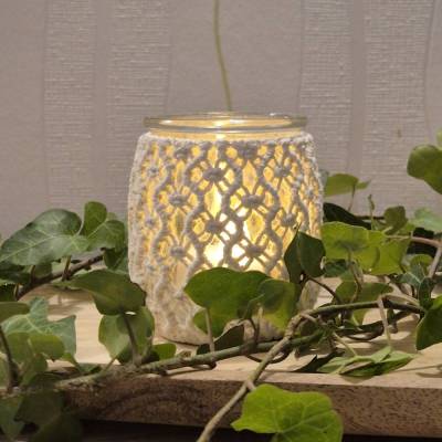 Makramee Teelicht - Windlicht 7cm ✦ Handgefertigt ✦ Boho Deko Naturweiß ✦ Mischocreations