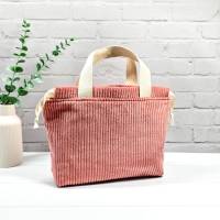 Projekttasche Cord Terracotta | Handarbeitsbeutel für 2 Knäuel Wolle | Socken-Stricktasche mit Tragehenkeln
