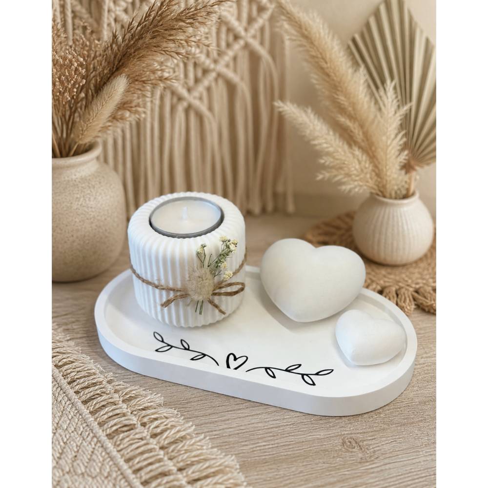 Dekotablett weiß mit 2 Herzen & Teelichthalter, Keraflott, Geschenk, Freundin, Kollegin