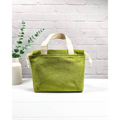 Projekttasche Cord Lindgrün| Handarbeitsbeutel für 2 Knäuel Wolle | Socken-Stricktasche mit Tragehenkeln