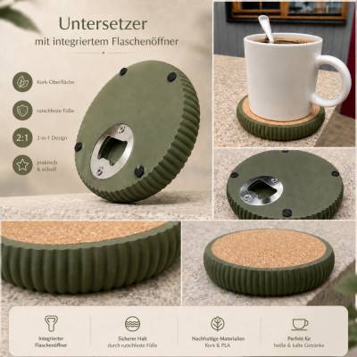 Untersetzer mit integriertem Flaschenöffner aus Kork & PLA