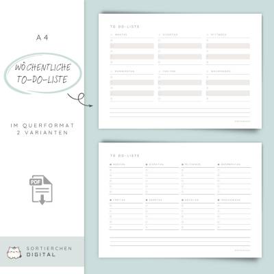 Wöchentliche To-do-Liste A4 | PDF zum Ausdrucken | 4 Vorlagen im Bundle | Wochenplanung | Aufgabenliste