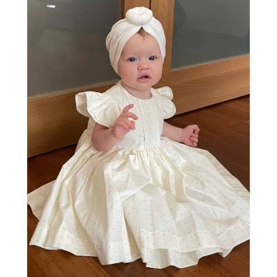 Flutter Sleeve Polka Dot Baby Dress, Baby Girl Baptism Outfit for Summer Ceremony, Premium Cotton Satin