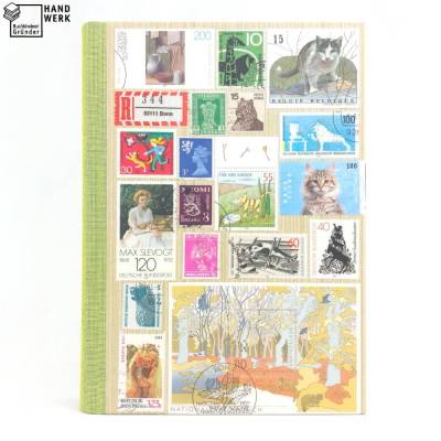 Notizbuch, Briefmarken, Katzen, DIN A5, 280 Seiten, füllertauglich, Upcycling