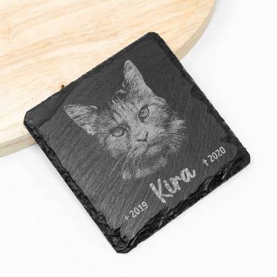 Tier Schiefer Gedenktafel mit Foto | Personalisierte Tier Gedenkplatte mit Lasergravur | Schieferplatte mit Filzgleiter