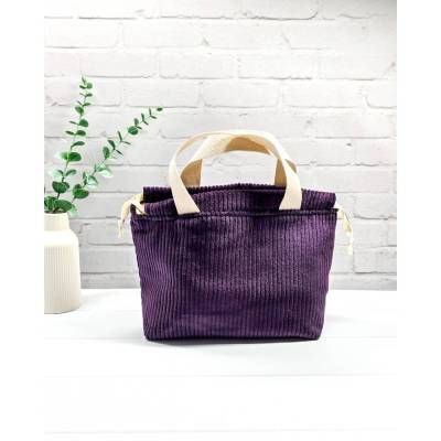 Projekttasche Cord Lila | Handarbeitsbeutel für 2 Knäuel Wolle | Socken-Stricktasche mit Tragehenkeln