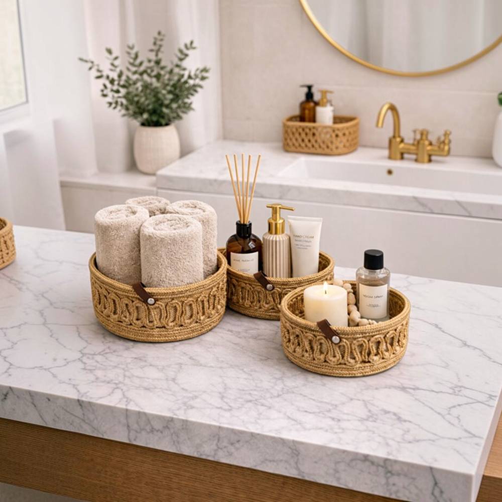 3er Set Aufbewahrungskorb geflochten, Badezimmer Organizer Rund, Seil Korb  fr Kosmetik und Make up, Handgefertigt Dekor