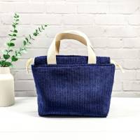 Projekttasche Cord Dunkelblau | Handarbeitsbeutel für 2 Knäuel Wolle | Socken-Stricktasche mit Tragehenkeln