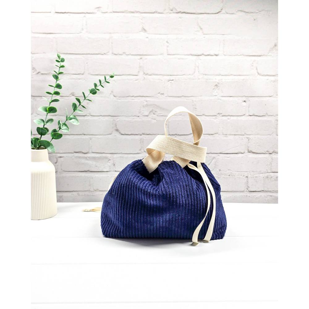 Projekttasche Cord Dunkelblau | Handarbeitsbeutel für 2 Knäuel Wolle | Socken-Stricktasche mit Tragehenkeln Bild 4