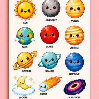 Kawaii Planeten Sticker Sheet – Süße Solar System Sticker – Space Vinyl Sticker – Galaxy Planner Sticker – Cute Planet G