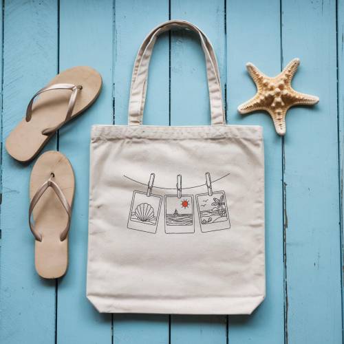 Bestickte Polaroid Strandtasche, Baumwolltasche, Küstensommerstil