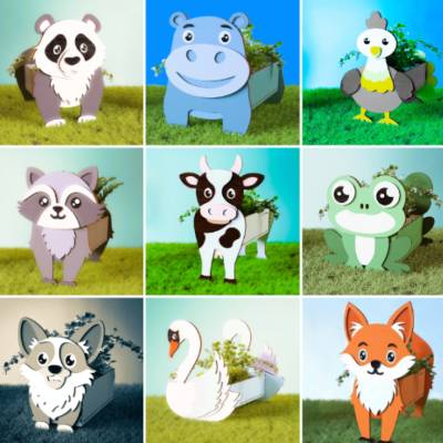 Animal Flower Pot Bundle – 3D Puzzle CNC Laser Cut Files CDR DXF PDF Vektor Download