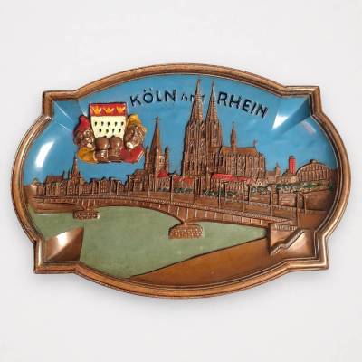 Vintage Kupferguss-Plakette Köln am Rhein Dom Heinzelmännchen Wappen Wanddeko