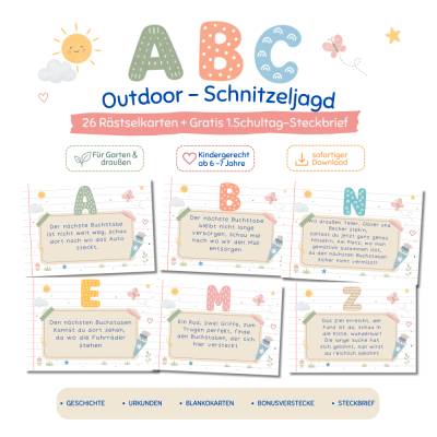 Outdoor Schnitzeljagd Schulanfang PDF, 26 Hinweise in Reimform, Schatzsuche zum Ausdrucken für den Garten