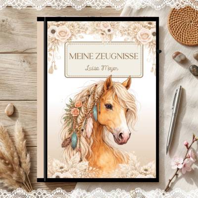 Süße Zeugnismappe für Mädchen | Pferde - Motiv | Einschulung & Schulanfang Geschenk | 26-05