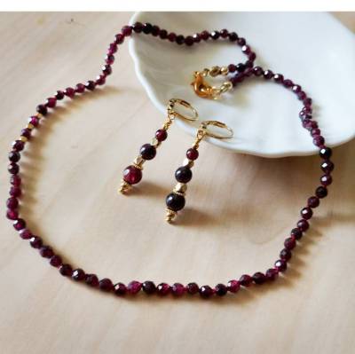 Edelstein Schmuckset aus Granat, Edelstahl Elemente