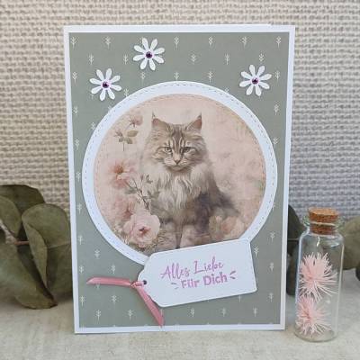 Handgemachte Katzenkarte „Alles Liebe für Dich“ – Romantische Grußkarte mit Katzenmotiv