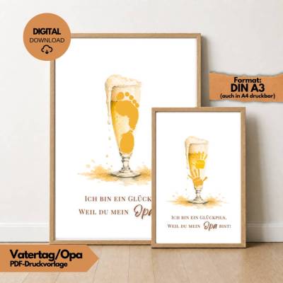 Geschenk Glückspils Bier Handabdruck Vorlage PDF für Opa, Fußabdruck Poster, bester Großvater, Download Geburtstag