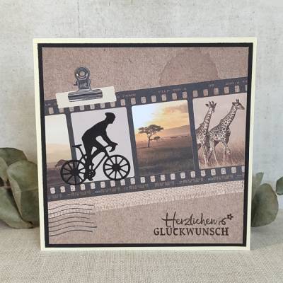 Glückwunschkarte mit Einsteckfach für Geldgeschenk – Vintage-Reisekarte mit Fahrrad & Safari-Motiv