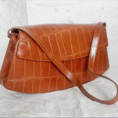Vintage Leder Kroko Reptilmuster Schultertasche Clutch Damentasche Orangebraun