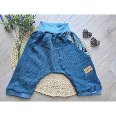 Musselin Pumphose Kurz Shorts Gr.138/140 Sommer – Kinder Unikat Blau Unisex Kinderkleidung Pants,Blattmotiv