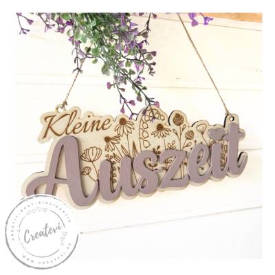 Holzschild „Kleine Auszeit“ mit Lasergravur, Dekoschild aus Holz, Scandi Deko, Geschenkidee, Natur & Pfingstrose