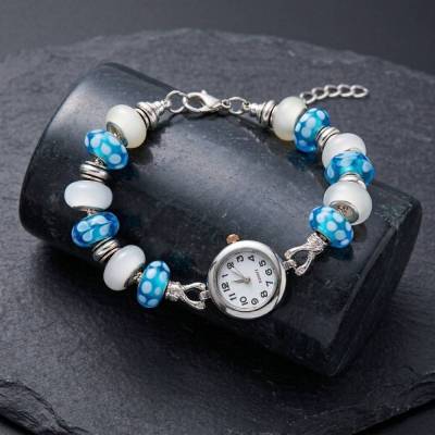 Armbanduhr Damen weiß türkis Silber Modulperlen Perlenuhr Betteluhr variabel 22-27cm