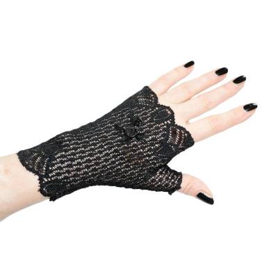 kurze Damen Handschuhe ohne Finger aus schwarzer Spitze mit Gothic Rose verziert | Handgefertigt