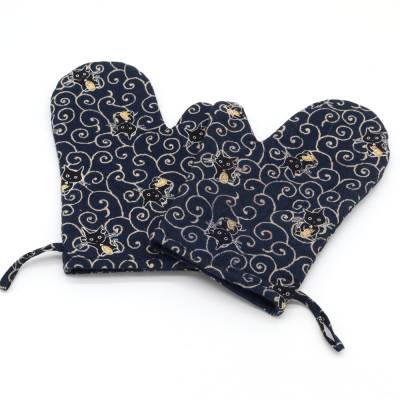 Topfhandschuhe Japan 2er Set Baumwolle Ofenhandschuhe Thermolam Hitzeschutz Küche Backhandschuhe Dunkelblau Katze Handar