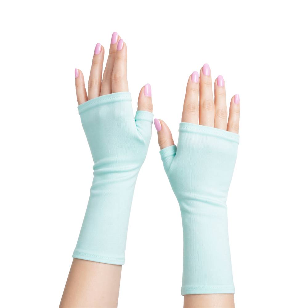Handschuhe fingerlos für die ganze Familie aus Jersey uni aus 24 Farben wählbar -> hier Töne helles blau, türkis Bild 1